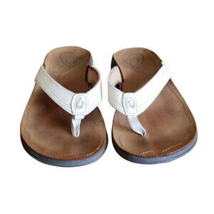 OluKai Women's Kumu Sandal Size 8 Thong Flip Flop Beach Slide White Leather